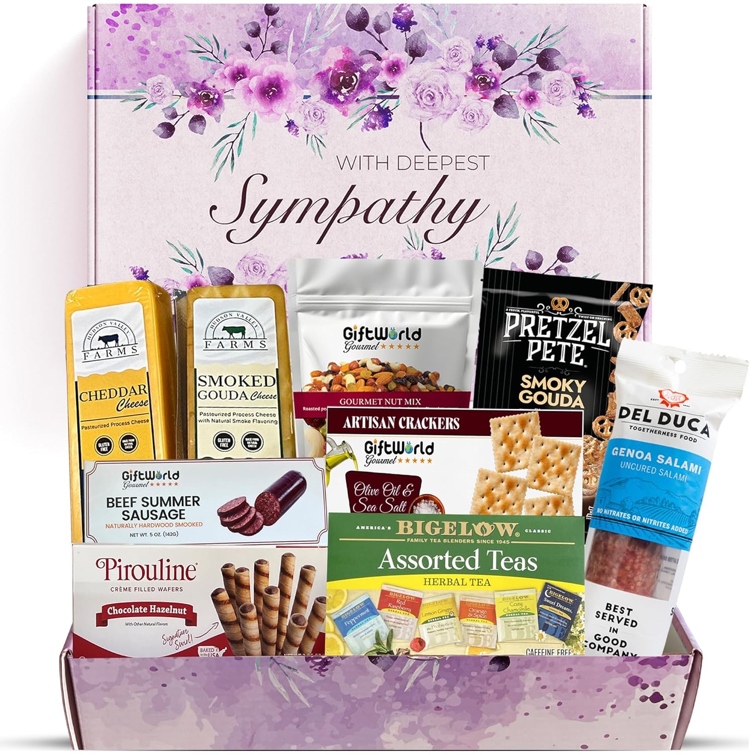 Assorted meat, cheese, tea, and crackers gift basket