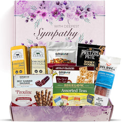 Assorted meat, cheese, tea, and crackers gift basket