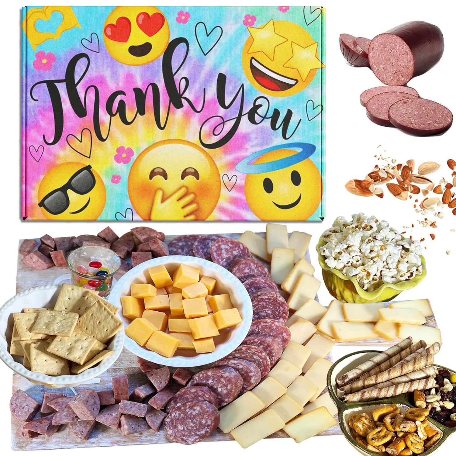 Assorted meats, cheeses, crackers, and sweets gift box
