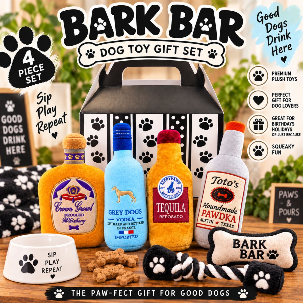 Bark Bar Dog Toy Gift Set | 4 Plush Squeaky Dog Toys