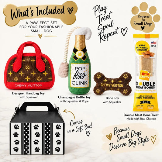 Small Dog Bougie Gift Box | Designer-Inspired Dog Toys & Treat Set