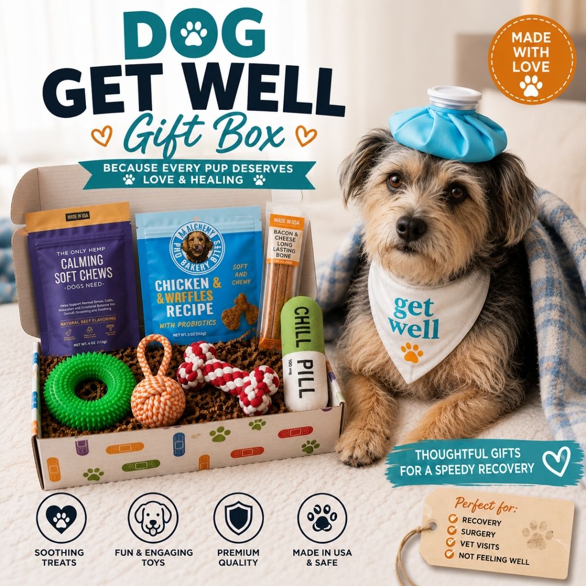 Get Well Soon Dog Gift Box | Dog Recovery Care Package with Toys & Treats