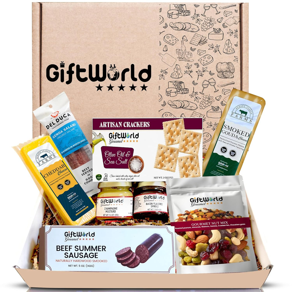 Beef Summer Sausage Charcuterie Cheese Gift Basket, Charcuterie Food Items, Meat and Cheese Gift Baskets, Food Gifts for Men, Meat Sampler For Men, Tailgating, Business, Congratulations, Care Packages, Thanksgiving and Christmas Gifts (8-item Bundle)