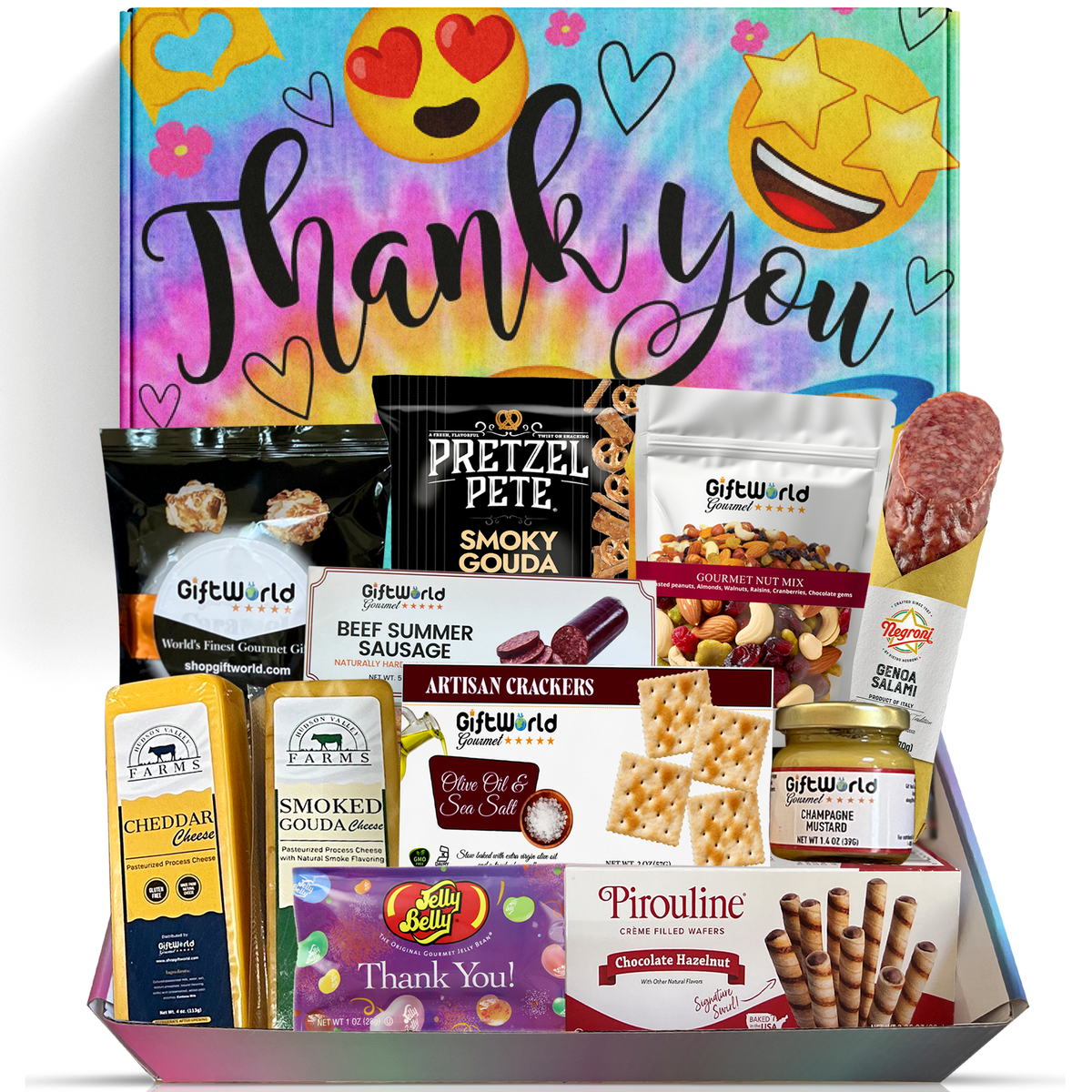 Thank You Charcuterie & Snack Gift Box – Salami, Cheese, Crackers, Wafers, Popcorn, Nuts & Jelly Beans