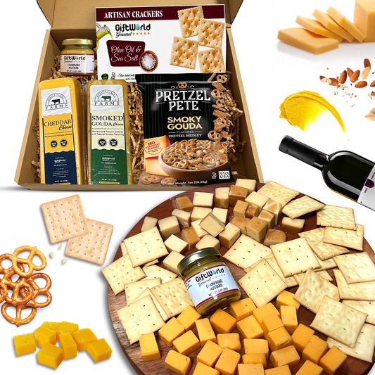 Cheese, Crackers & Pretzel Gift Box – Gourmet Cheddar, Smoked Gouda, Mustard Dip & Savory Snacks