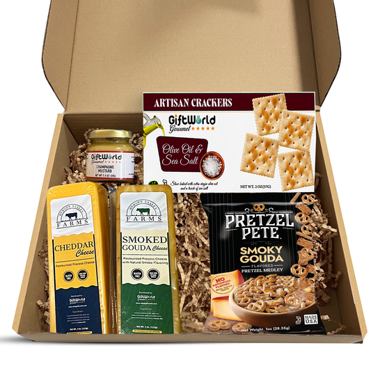 Cheese, Crackers & Pretzel Gift Box – Gourmet Cheddar, Smoked Gouda, Mustard Dip & Savory Snacks